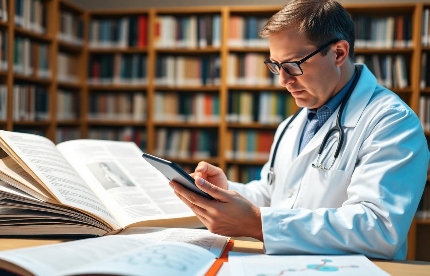 Physician reviewing peptide clinical research on a tablet in a medical library