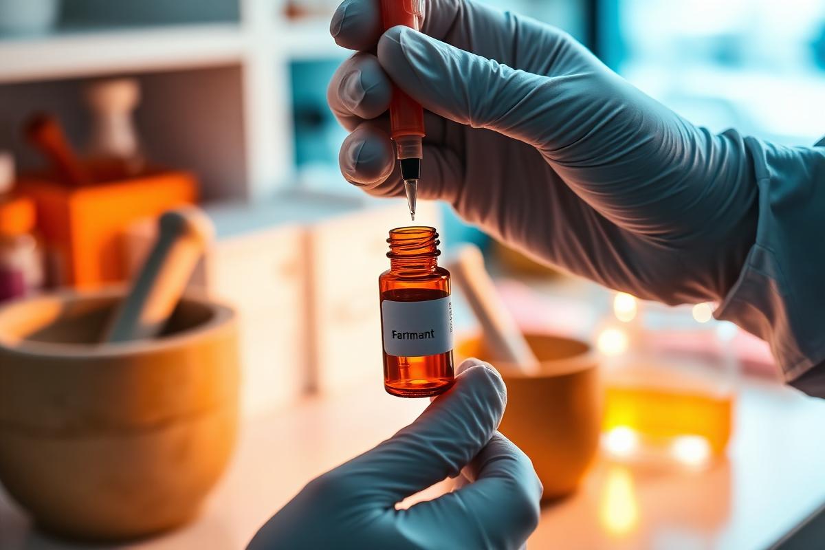Pharmacist compounding a personalized medication in an amber vial