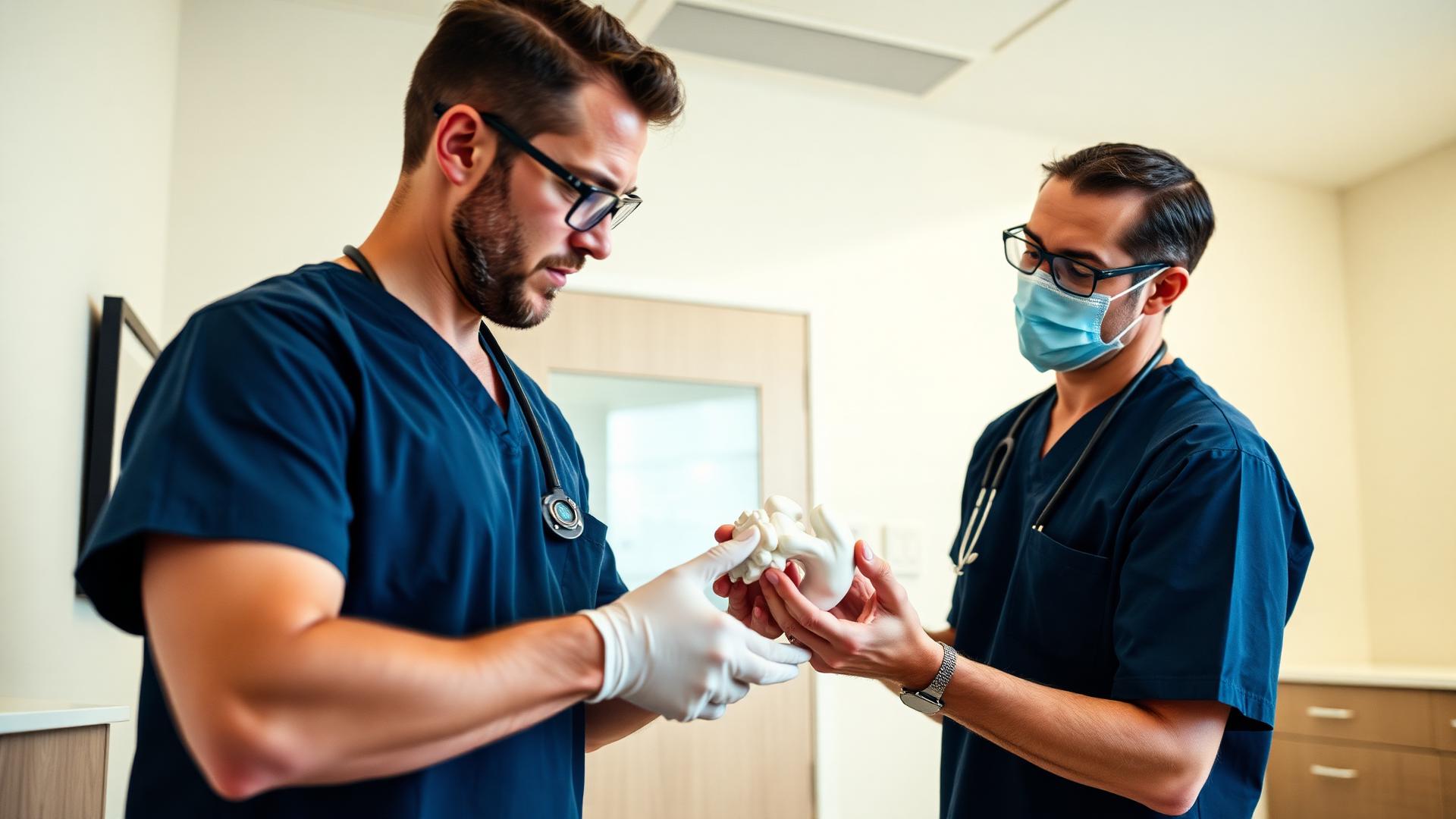 Orthopedic surgeon examining a knee joint model in a modern clinic